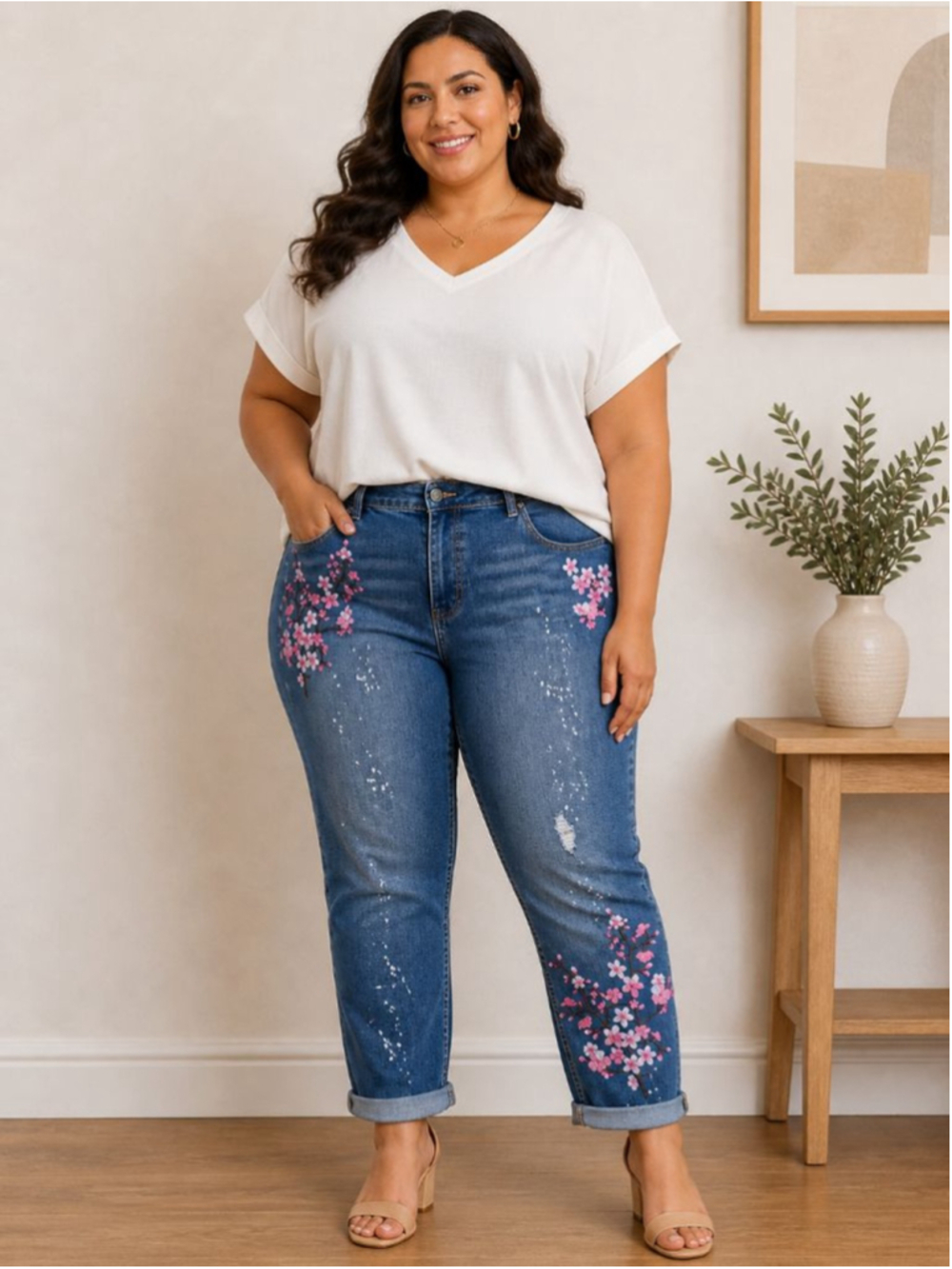 Earl Blue Boyfriend Jeans with Pink Floral Embroidery Women's Size 20W